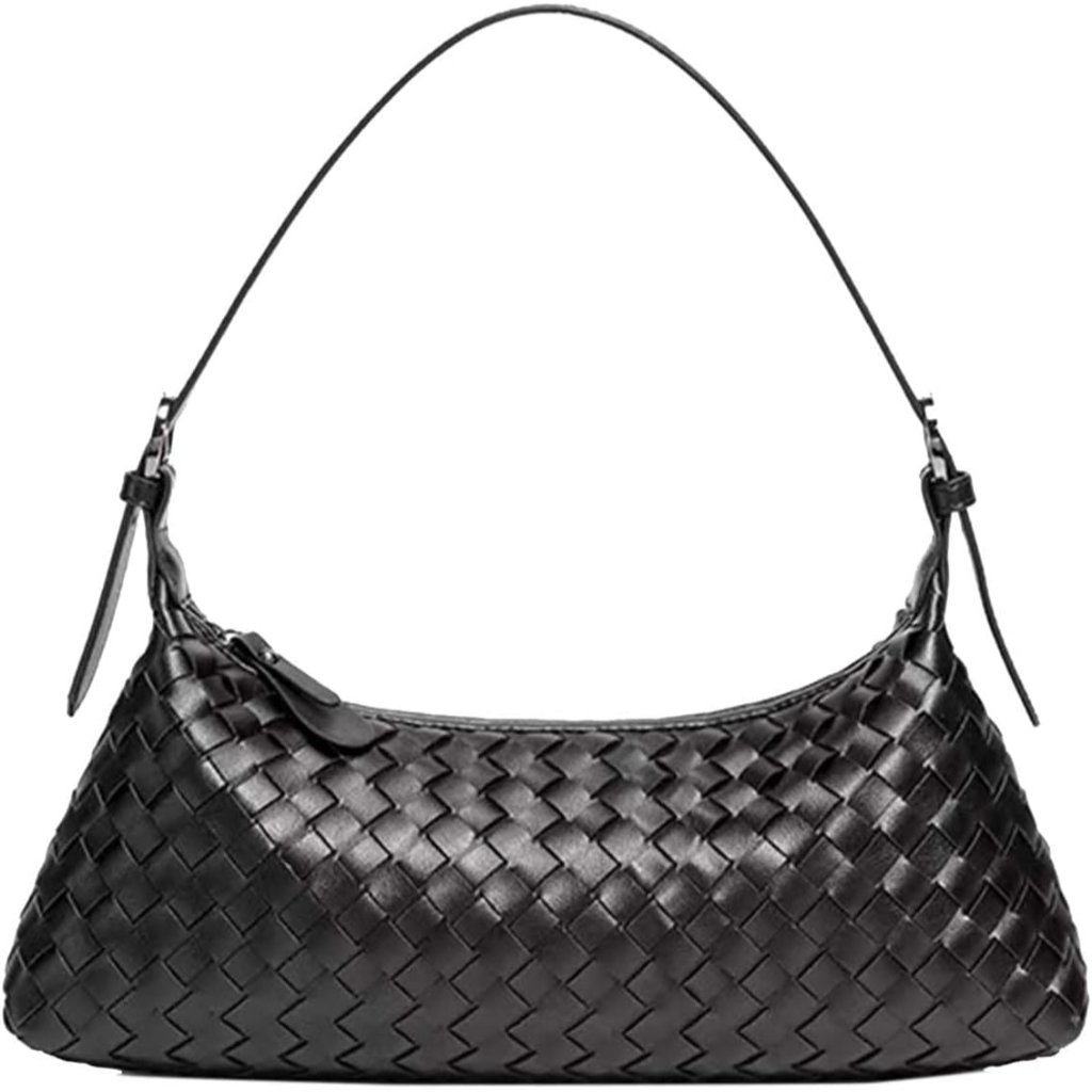Women Woven Tote Bag Vegan Pu Leather Shoulder Handbag Black Stylish